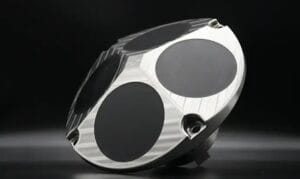 Close-up of the Oceantek ADCP-300-DR-FA4 300kHz 4-beam transducer head with titanium alloy housing and Janus convex array configuration