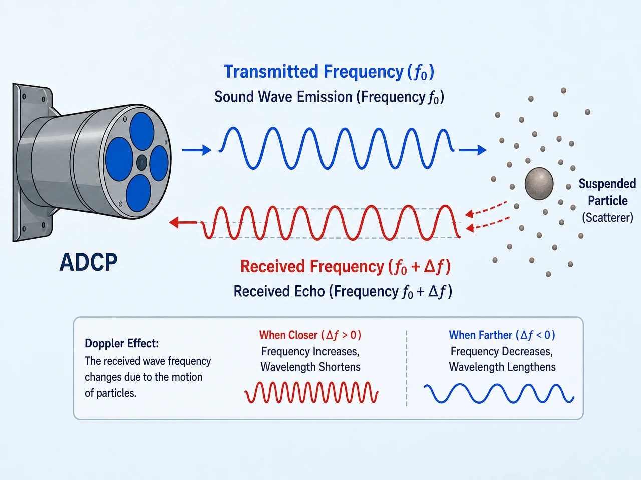 Acoustic Doppler effect diagram showing frequency shift between transmitted and received sound waves reflected by water particles