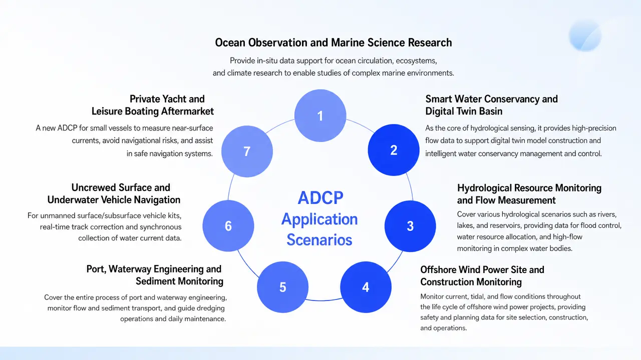 Application scenarios of acoustic Doppler current profilers for marine, hydrology and offshore wind projects