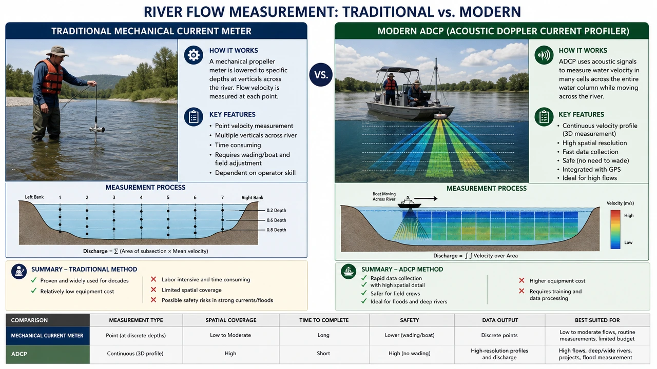 Comparison of traditional mechanical current meter and modern ADCP river flow measurement method