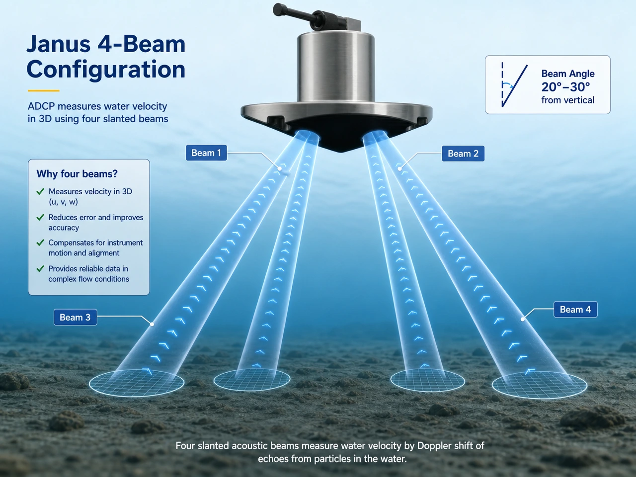 Janus 4-beam configuration of an acoustic doppler current profiler showing orthogonal beam pairs and transducer tilt angle Janus 4-beam configuration of an acoustic doppler current profiler showing orthogonal beam pairs and transducer tilt angle