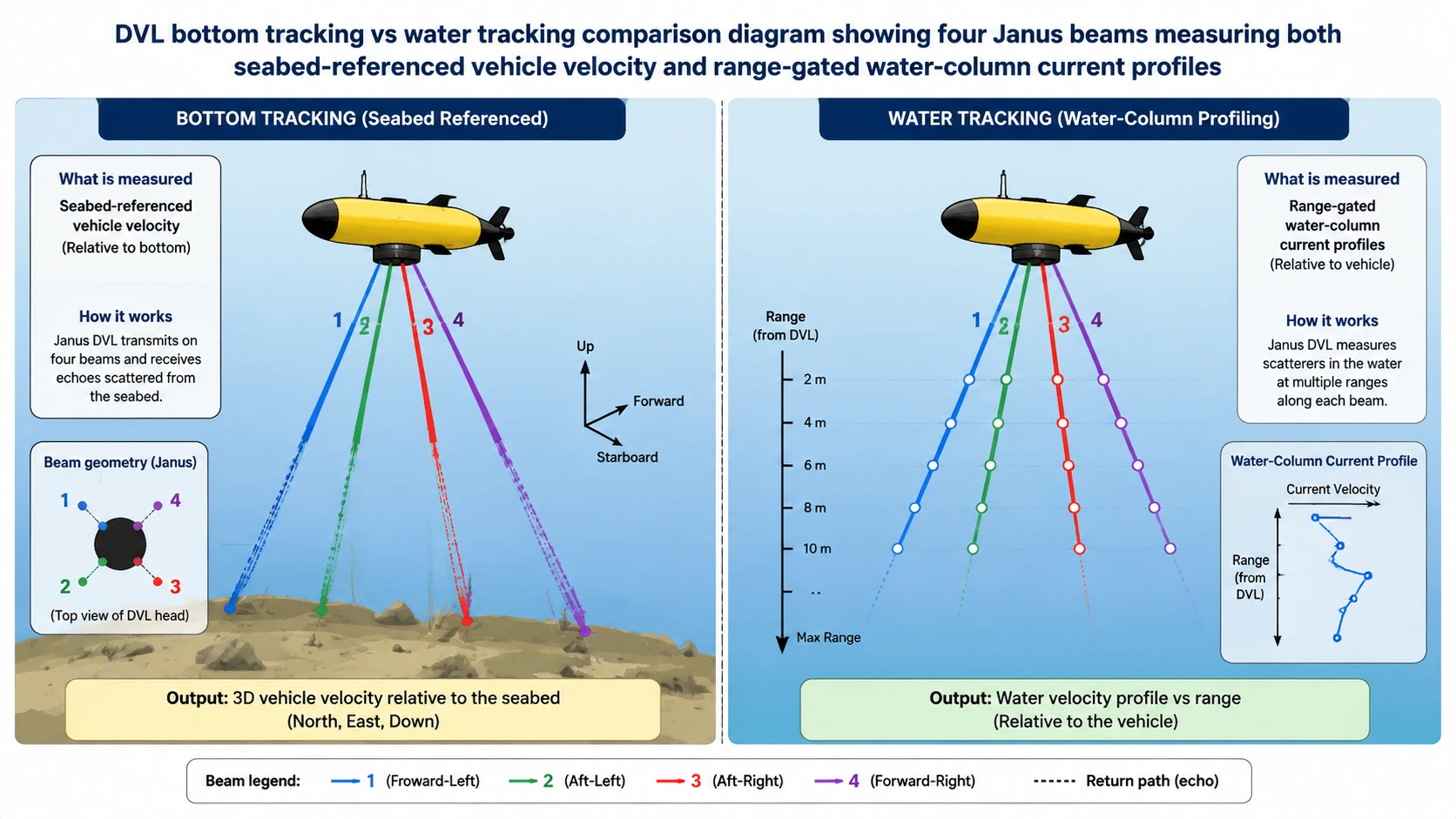 DVL bottom tracking vs water tracking comparison diagram showing four Janus beams measuring both
seabed-referenced vehicle velocity and range-gated water-column current profiles