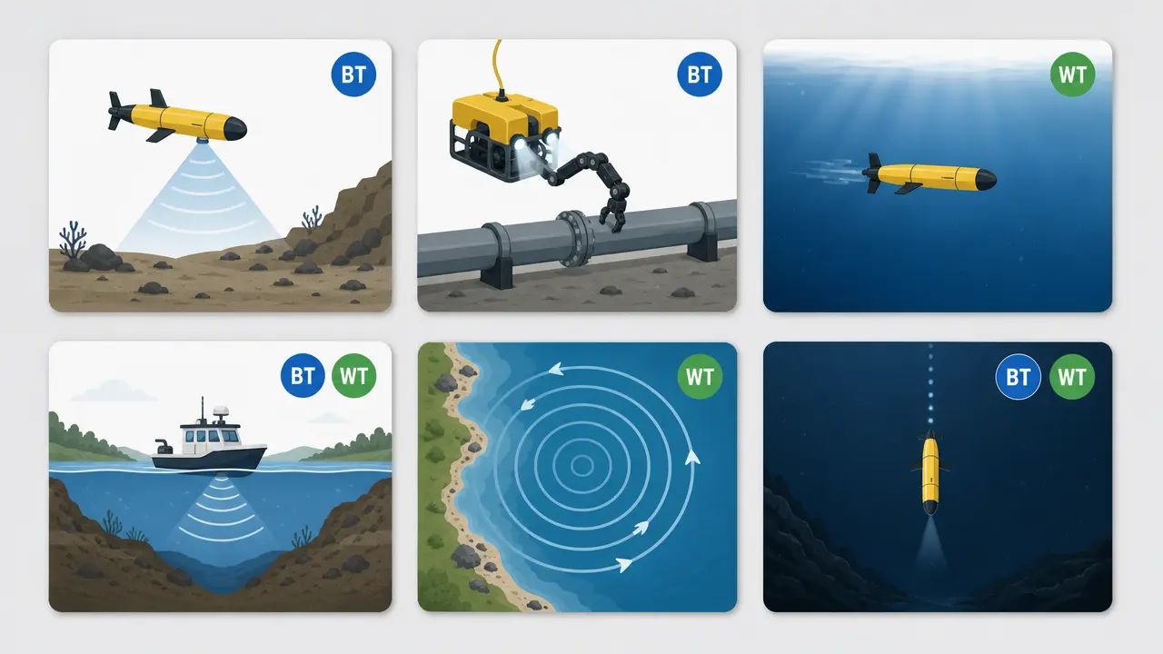 DVL mode selection guide — six underwater vehicle mission scenarios showing when to use bottom tracking vs water
tracking for AUV, ROV, river discharge, coastal mapping and deep-ocean applications