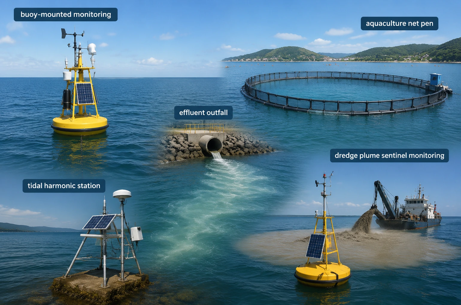 Five deployment scenarios where a single-point current meter outperforms an ADCP — buoy-mounted monitoring,aquaculture net pen, effluent outfall, tidal harmonic station, and dredge plume sentinel monitoring