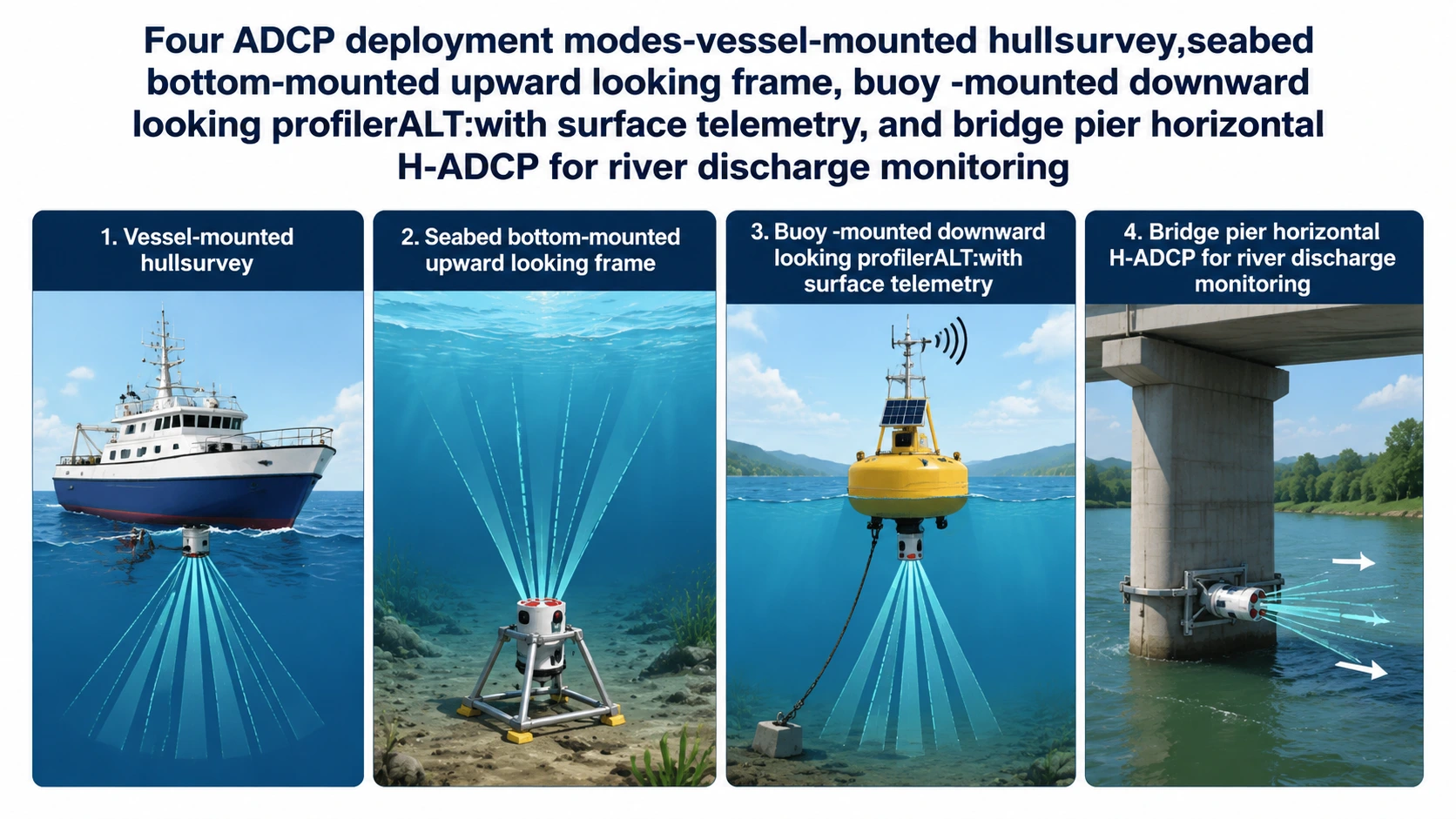 Four ADCP deployment modesvessel-mounted hull survey, seabed bottom-mounted upward-looking frame, buoy-mounted downward-looking profilerwith surface telemetry, and bridge pier horizontal H-ADCP for river dischargemonitoring