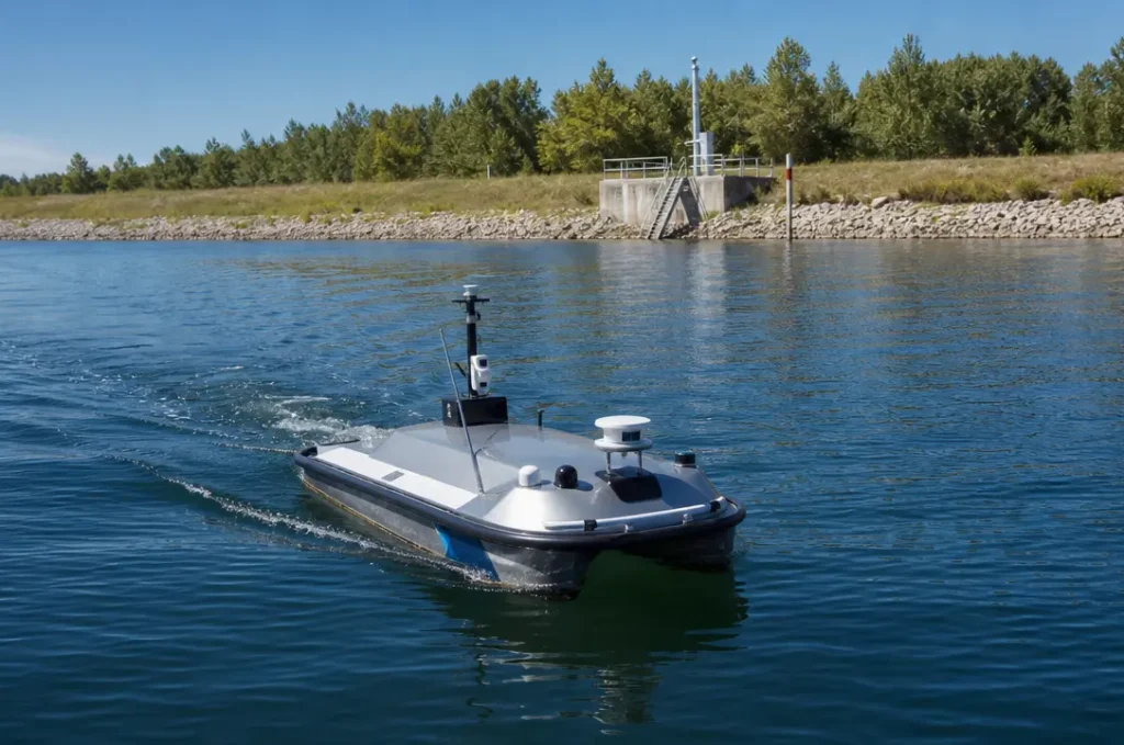 Oceantek ADCP-600-DR-FA4 acoustic doppler current profiler mounted on unmanned surface vessel conducting autonomous river discharge measurement cross-section survey