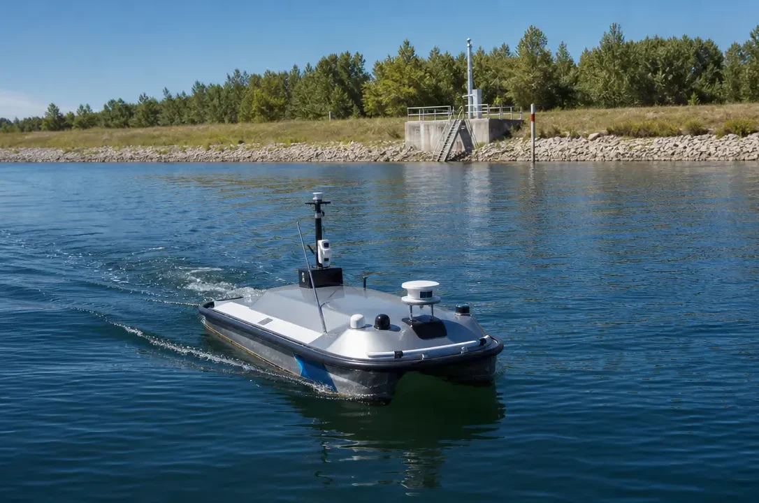 Oceantek ADCP-600-DR-FA4 acoustic doppler current profiler mounted on unmanned surface vessel conducting autonomous river discharge measurement cross-section survey