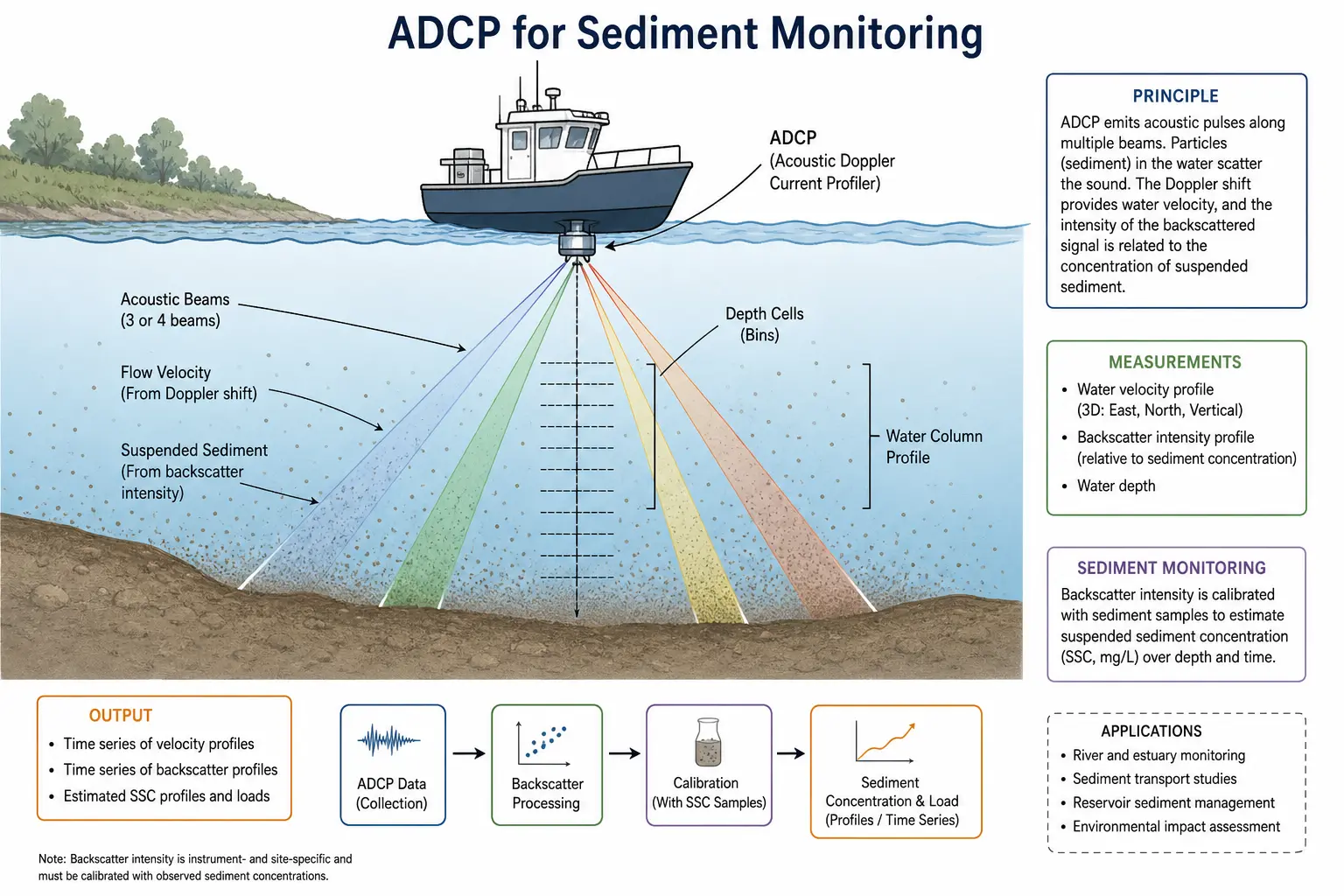 diagram shows ADCP for sediment monitoring and how it works