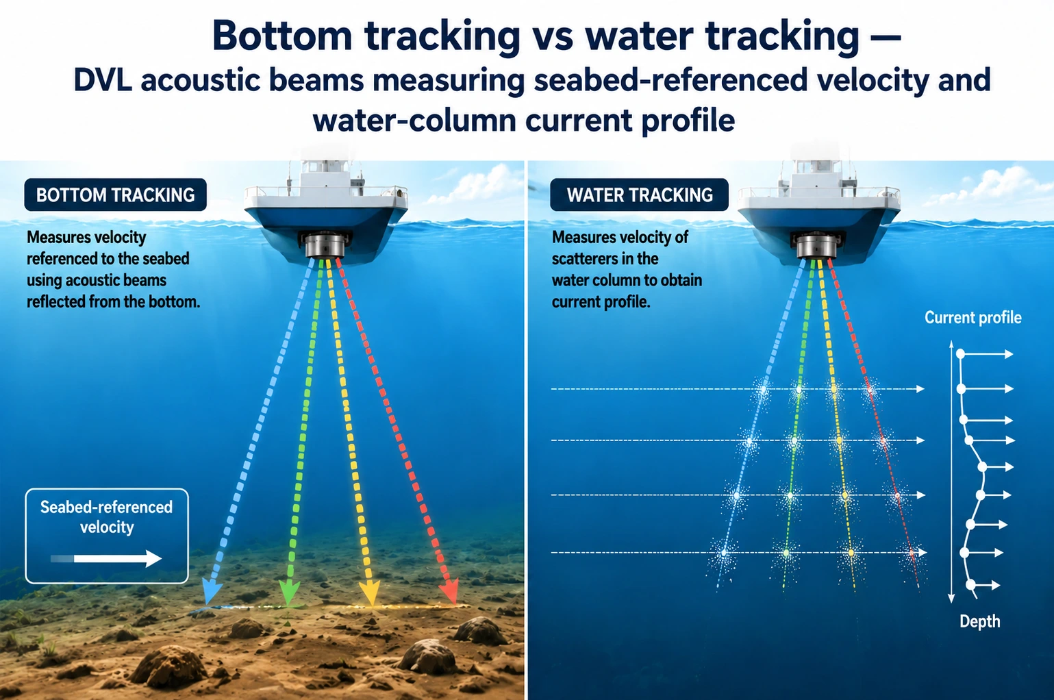 Bottom tracking vs water tracking — DVL acoustic beams measuring seabed-referenced velocity and water-column current profile