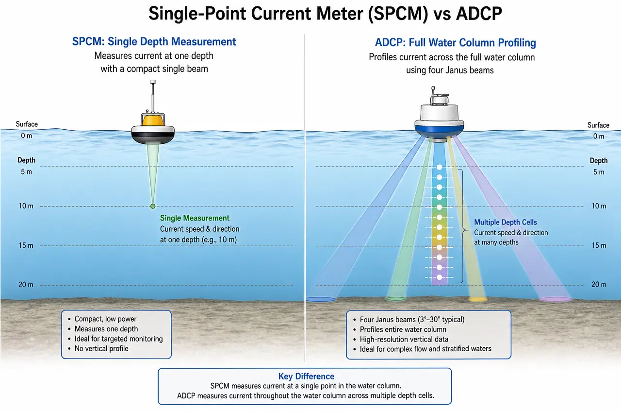 Single-point current meter vs ADCP comparison — SPCM measures one depth with a compact single beam while ADCP profiles the full water column across multiple depth cells from Janus beams