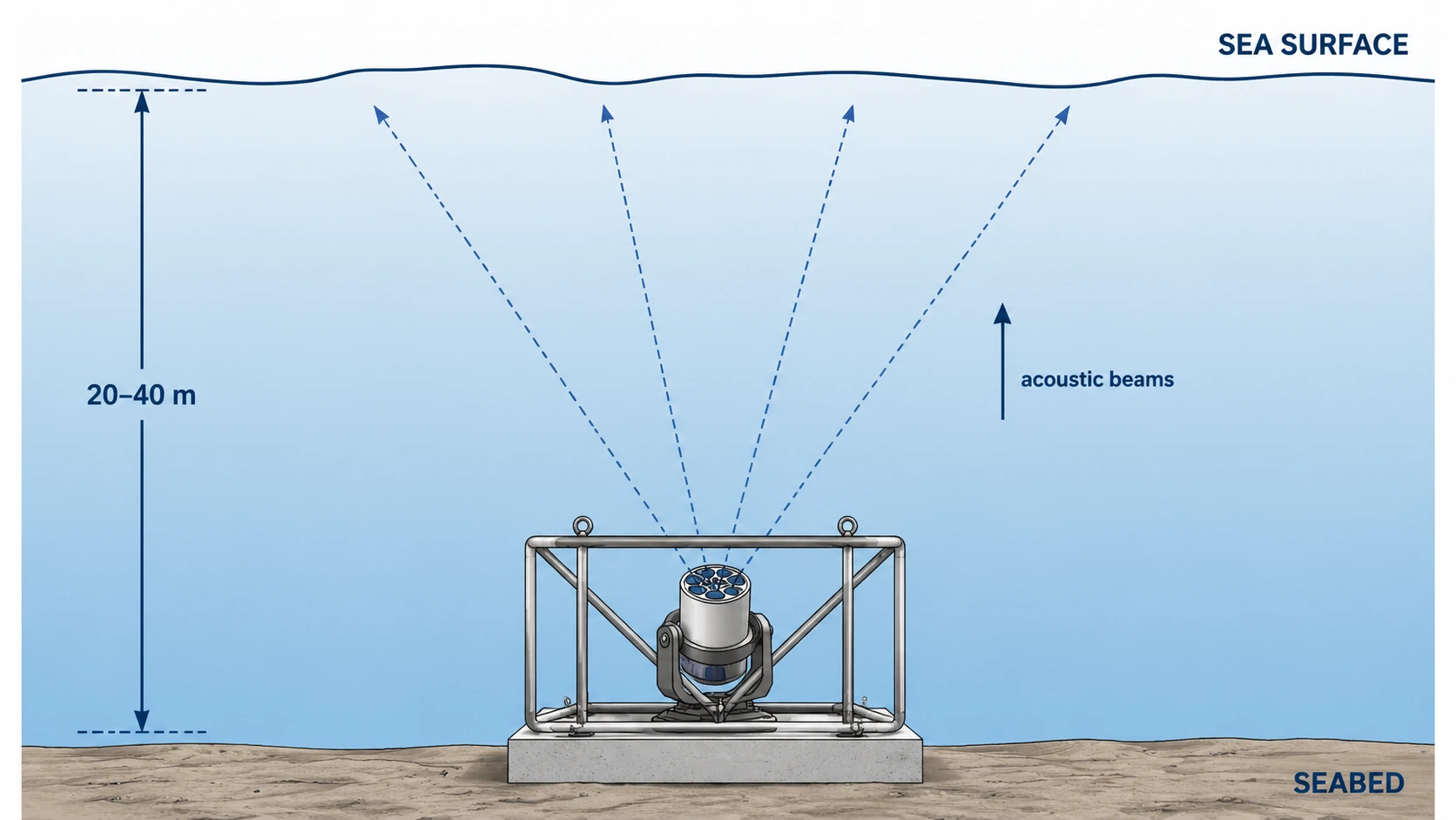 Diagram of a bottom-mounted ADCP frame deployment in shallow water. An acoustic Doppler current profiler sits inside a protective gimbal-mounted frame resting on the seabed, with a concrete ballast weight beneath it. Acoustic beams project upward toward the sea surface. The sea surface and seabed are labeled.