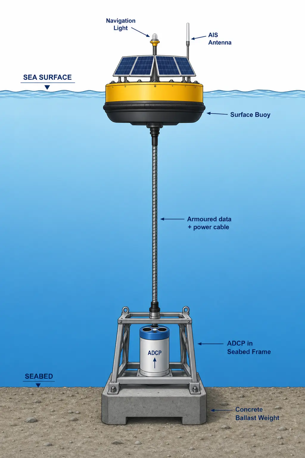 Diagram of a real-time ADCP monitoring system. A surface telemetry buoy with solar panels floats at the sea surface