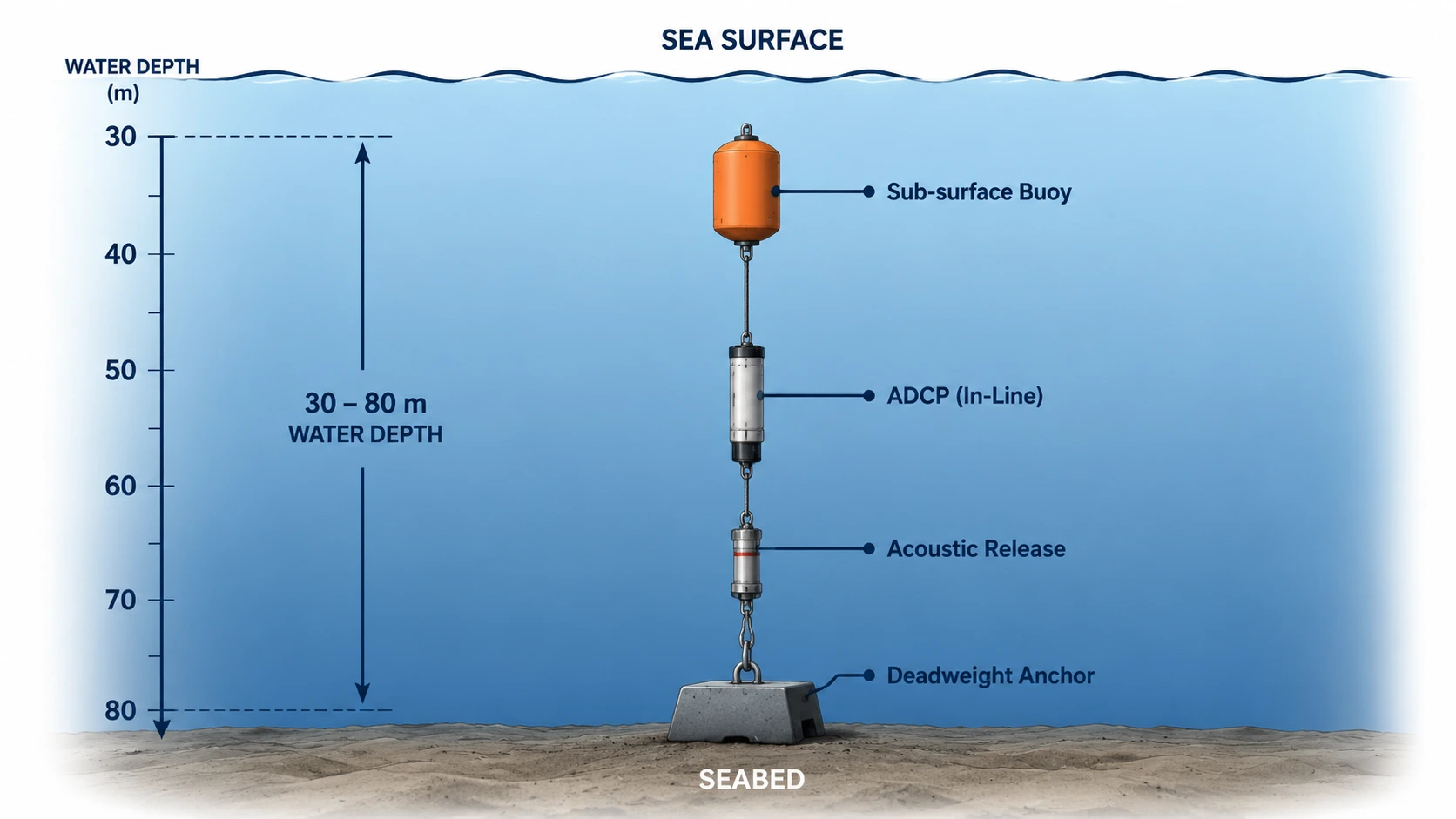 Diagram of a sub-surface taut-line mooring deployment. A syntactic foam buoy floats 5–10 meters below the sea