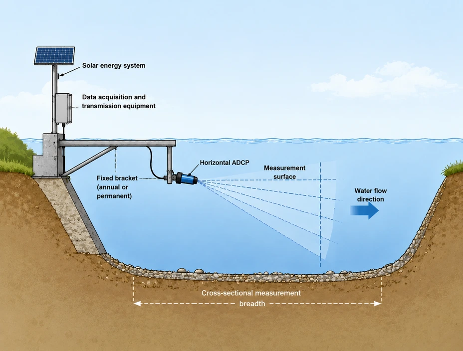 Installation Diagram HADCP mounted on riverbank, beams shooting horizontally across channel