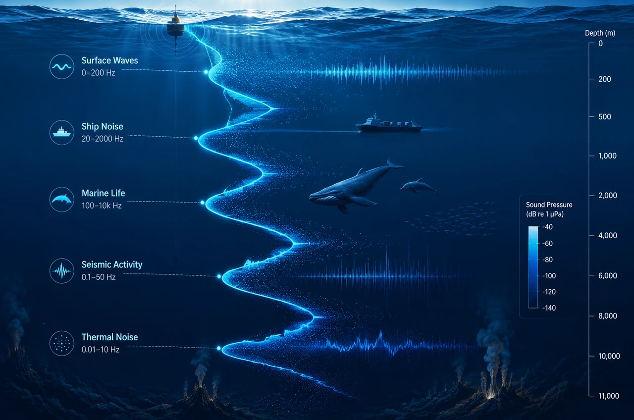 Passive acoustic monitoring illustration showing underwater sound waves traveling from a hydrophone through ocean depth layers to a research vessel