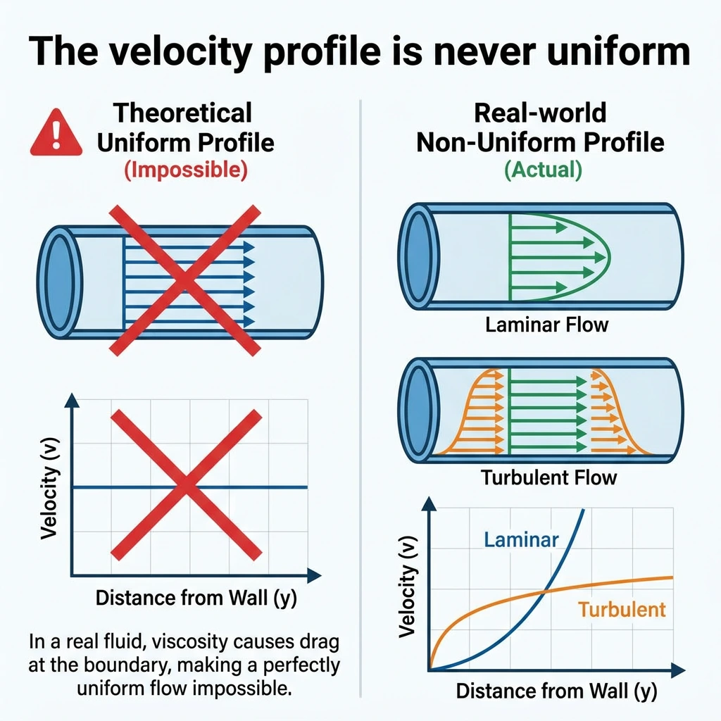 The velocity profile is never uniform