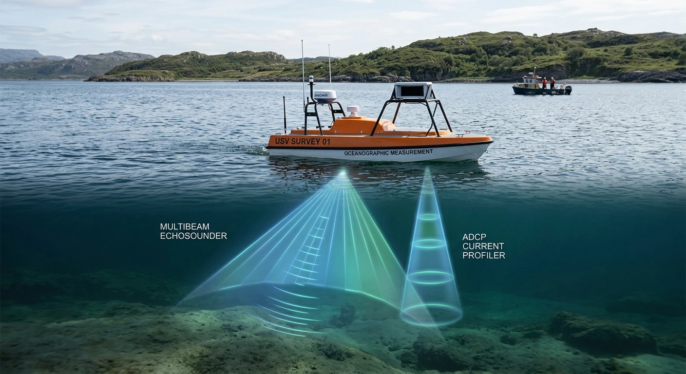 Vessel-mounted Oceantek ADCP integrated into a modern hydrographic survey system for real-time 3D water current profiling.