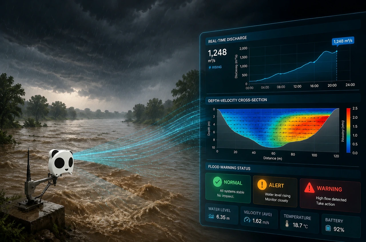 ADCP flood early warning system real-time river monitoring architecture — from storm-swollen river to actionable dashboard data