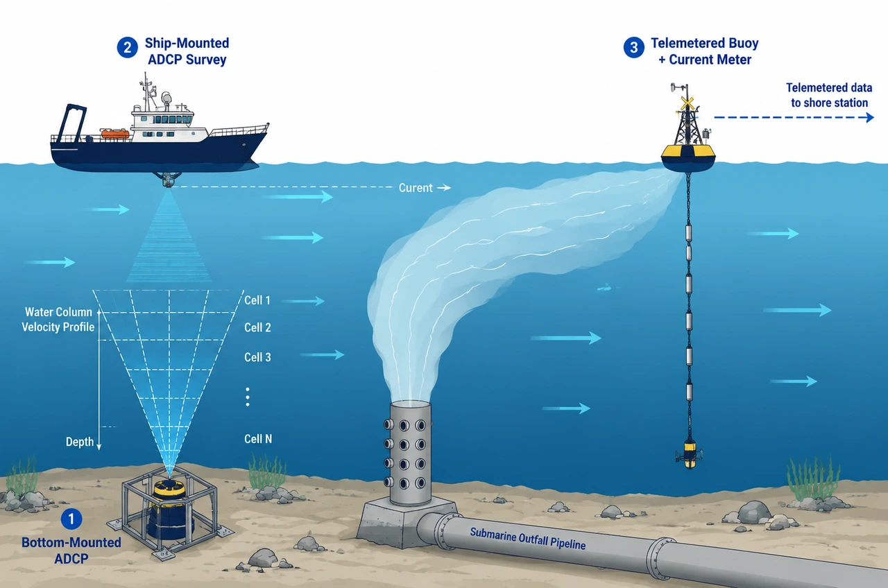 ADCP monitoring system for ocean outfall: bottom-mounted profiler, ship-mounted survey, and telemetered buoy configurations around a submarine diffuser