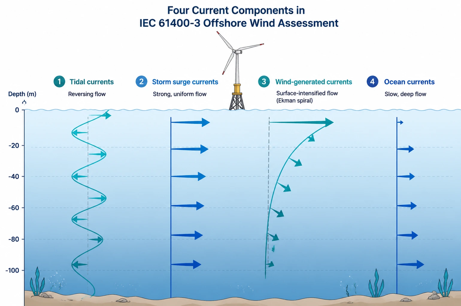 Four current components in IEC 61400-3 offshore wind assessment: tidal, storm surge, wind-generated, and ocean currents with depth profiles