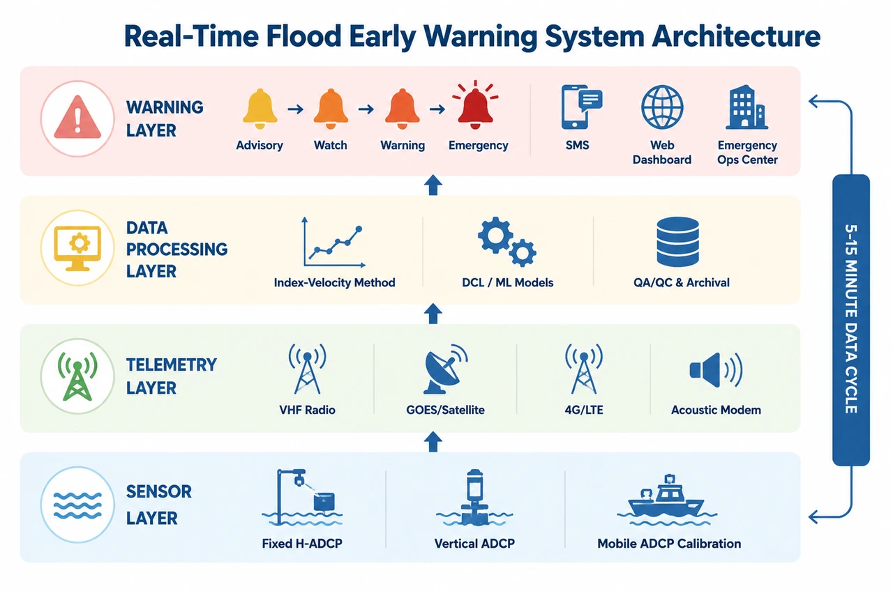 Four-layer flood early warning system architecture: sensor layer (fixed H-ADCP, vertical ADCP, mobile ADCP), telemetry layer (VHF, satellite, 4G, acoustic modem), data processing layer (index-velocity method, DCL models, QA/QC), warning layer (advisory, watch, warning, emergency escalation)