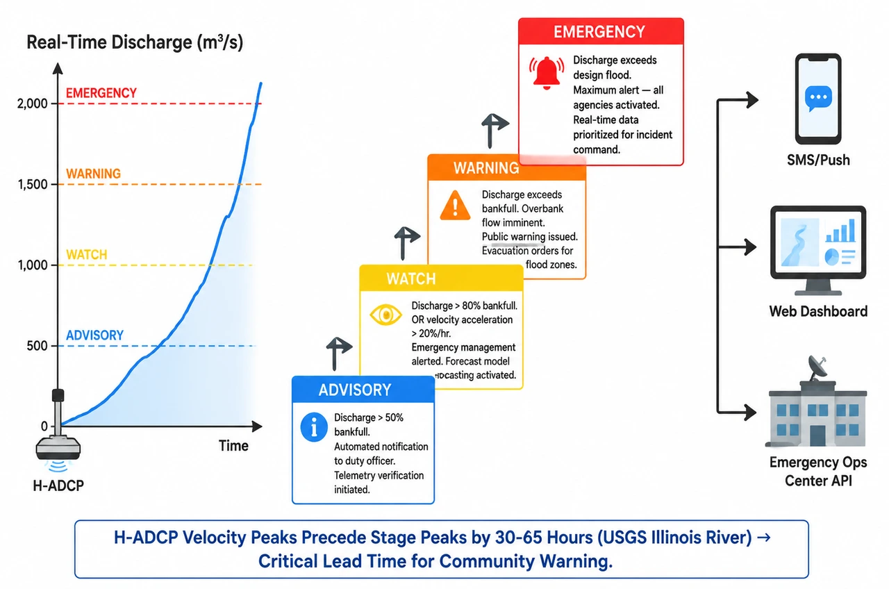 Four-tier graded flood alert system: hydrograph with color-coded threshold lines (advisory blue, watch yellow, warning orange, emergency red) escalating through alert cards to multi-channel dissemination via SMS, web dashboard, and emergency operations center API — velocity peaks precede stage peaks by 30-65 hours
