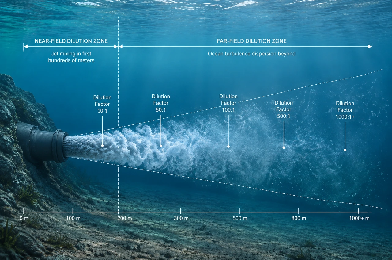 Near-field and far-field dilution zones of a submarine outfall: jet mixing in first hundreds of meters, ocean turbulence dispersion beyond, with dilution factor annotations