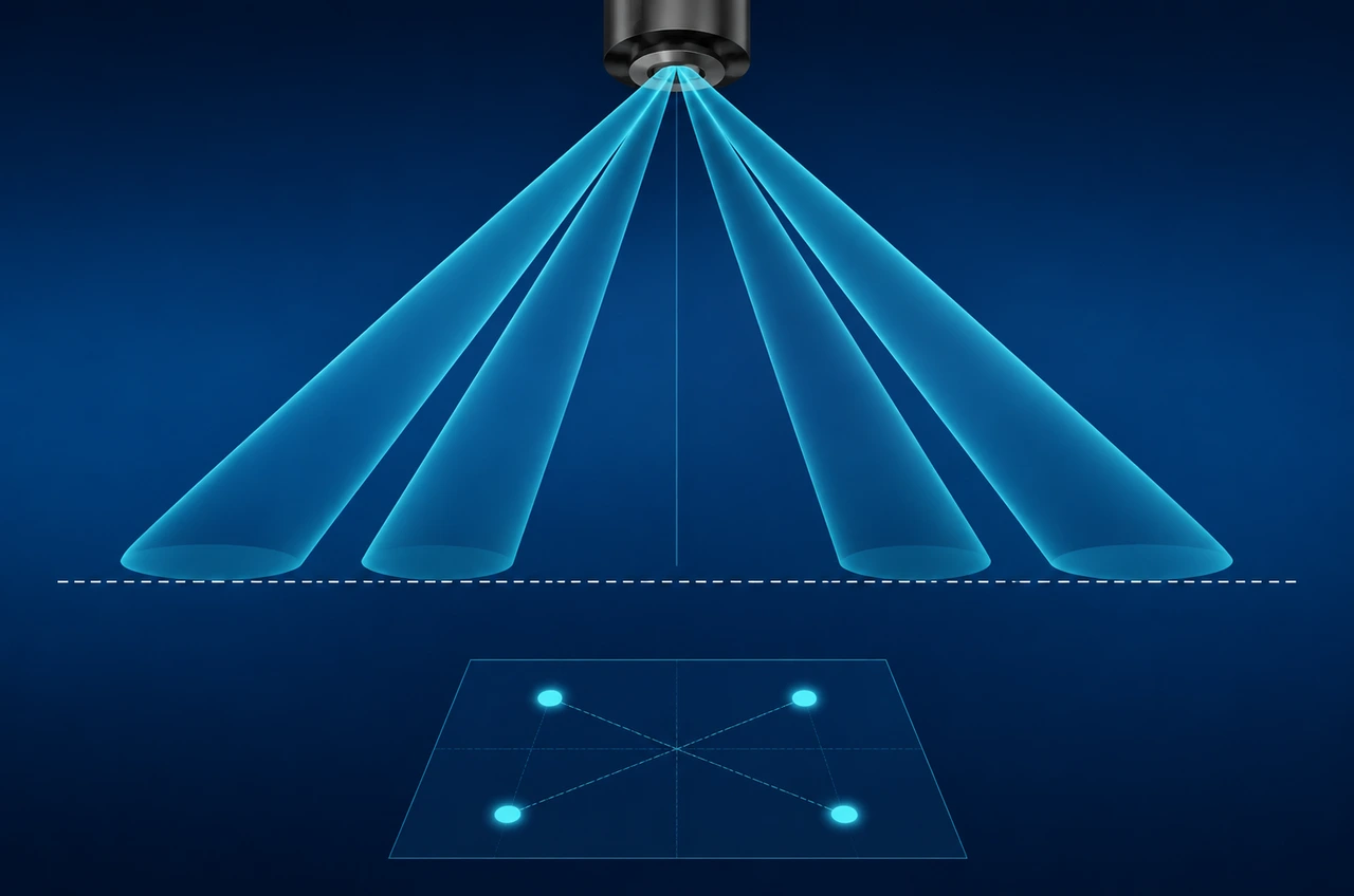 DVL Janus beam configuration — four acoustic beams in X-pattern