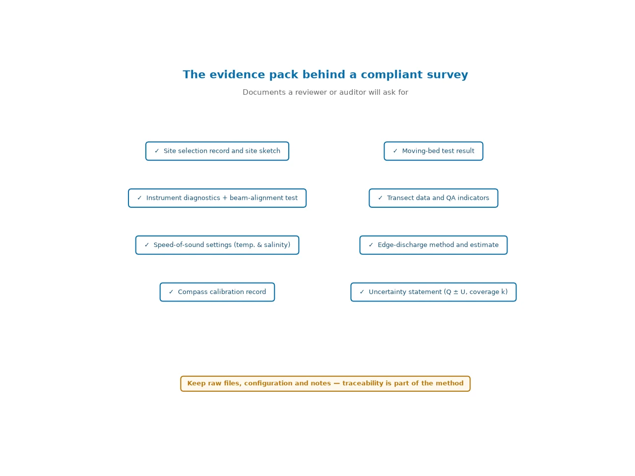 Checklist of the compliance evidence pack: site selection record, instrument diagnostics, speed of sound settings, compass calibration, moving bed test, transect data, edge discharge method and uncertainty statement